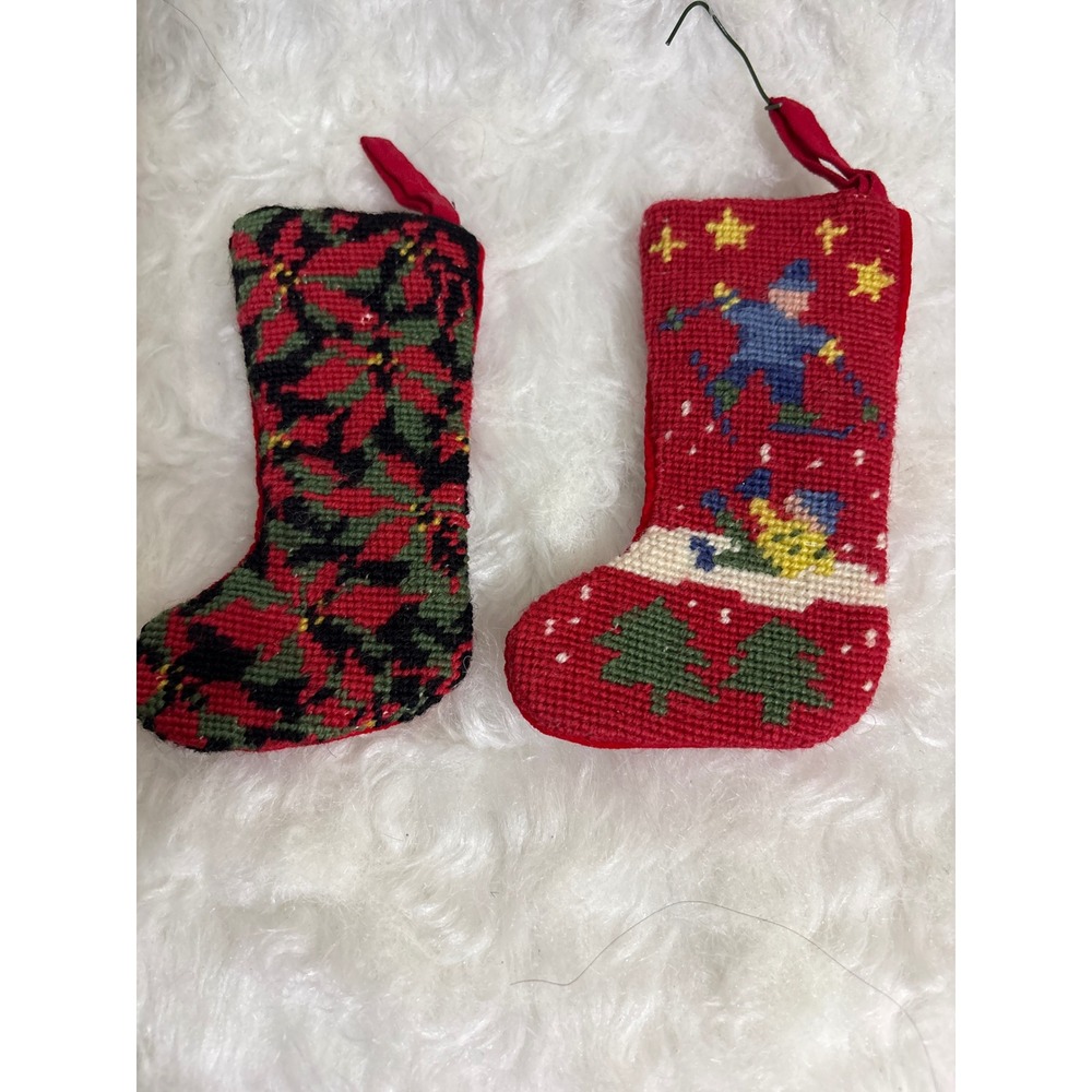 Unbranded Mini Stockings Unisex OS Needlepoint Red Poinsettia Skier Set 2 EXCEL